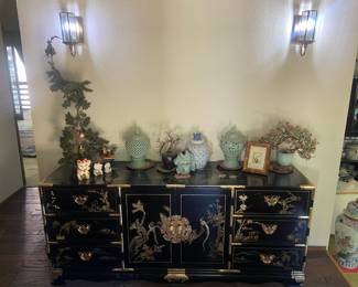 Korean Tansu Chinoiserie Black Lacquer Lowboy Dresser