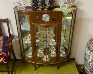 Walnut Hand Painted Bow Front Curio Cabinet