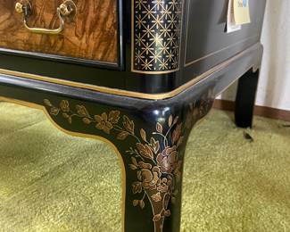 Drexel Heritage Black Lacquered Chinoiserie Console Table, 3-Drawer Et Cetera Side Table & Curio Cabinet