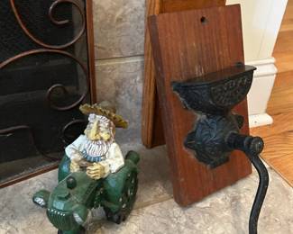 Frykman Tractor figurine and mounted cast iron coffee grinder