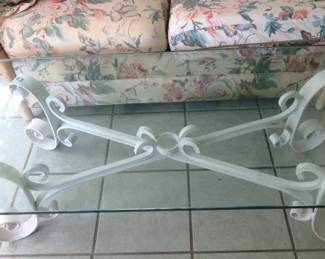 White Wrought Iron Glass Top Patio Coffee Table