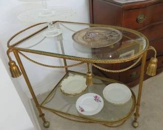 Italian Hollywood Regency Gilt Metal Tassel Bar Cart