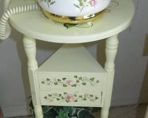 Vintage Royal Albert Gold & White Pink Country Rose Design Rotary Telephone & Shabby Chic Cream Rose Design Stand with two small drawers
