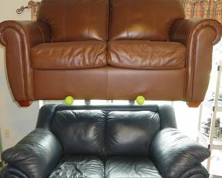 Two Leather Love Seat/Sofas Chocolate Brown & Navy Blue