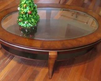 Two Tier Solid Wood, Glass Top Coffee Table with Storage Shelf