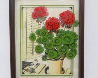 Mid Century Modern 3D Reverse Glass Red Geranium Shadowbox Painting