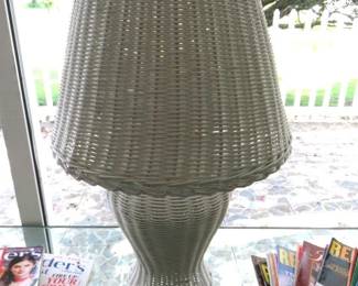 Vintage White Wicker Table Lamp & Oval Wall Mirror