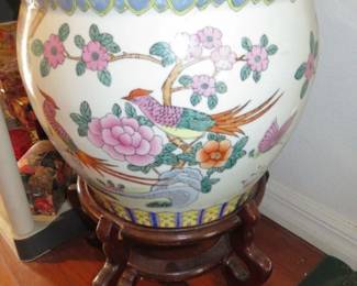 Vintage Chinese Famille Rose Fishbowl Planter w/Stand