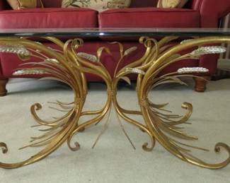 1970's Hollywood Regency Coco Chanel Style Sheaf of Wheat Gold Tone and Glass Oval Coffee Table