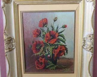Framed Red Posey Floral Still Life Oil on Canvas Painting Signed, J A. Bikk