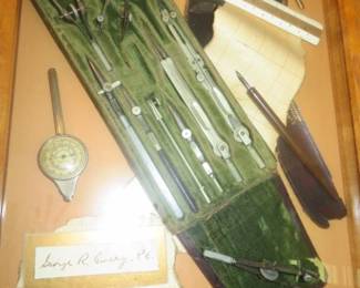 Vintage Decorative Schoenner Drafting Set & Tools in Shadowbox Frame