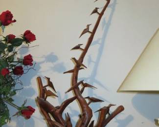 Vintage Carved Birds on Tree Branch Driftwood Sculpture