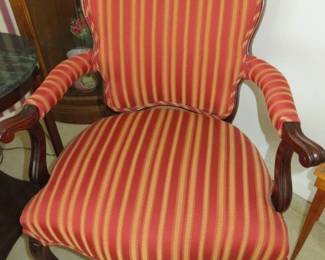 Pair French Style Stripe Upholstery Carved Wood Armchairs