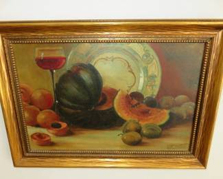 Artist Signed Antique Still Life Oil on Canvas Fruit w/Plate & Wine Glass