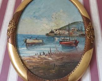 Vintage Artist Signed, Oval-shaped Coastal Scene Painting 