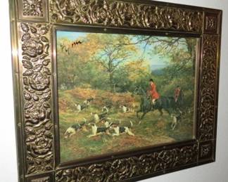 Antique Equestrian Fox Hunt Scene Print with Embossed Rose Metal Frame