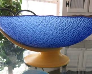 Vintage European Cobalt Blue Pebble Glass Bowl with Yellow Base