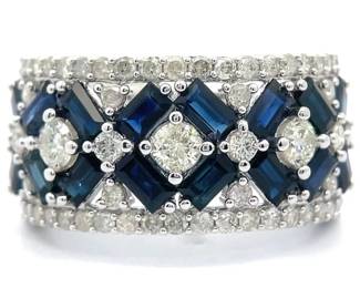 3 Carat Blue Sapphire & Pavé Natural Diamond Basket Weave Ring in 14k White Gold