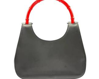Gucci Black Leather Red Lacquered Bamboo Handle Tote Bag; Pre-Owned