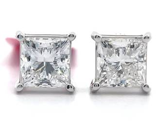 4 Carat Princess Cut Diamond Solitaire Stud Earrings in 14k White Gold