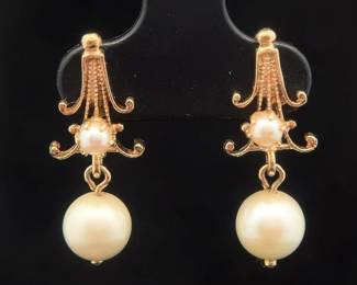 Cultured White Pearl Vintage Drop Earrings in 14k Yellow Gold