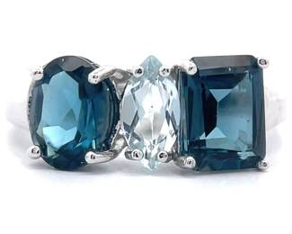 London & Light Blue Topaz Three-Stone Toi et Moi Ring