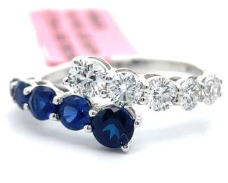 0.77 Carat Blue Sapphire & Diamond Bypass Crossover Ring in 14k White Gold