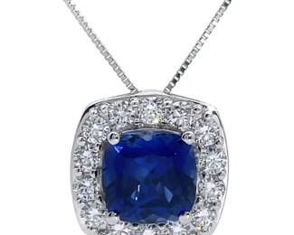 1.50 Carat Blue Sapphire & Pavé Diamond Pendant Necklace in 14k White Gold