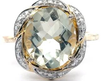 XL Prasiolite Green Quartz Ribbon Halo Ring in Two-Tone