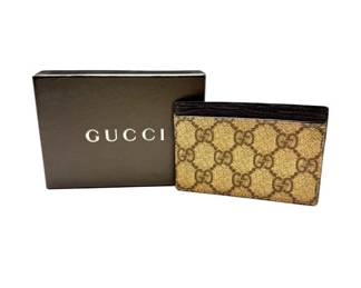 Gucci GG Supreme Canvas Brown Leather Card Holder; Pre-Owned