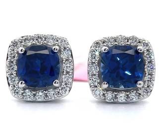 1.50 Carat Blue Sapphire & Pavé Diamond Halo Stud Earrings in 14k White Gold