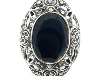 Oval Black Onyx & Marcasite Vintage Art Deco Ring