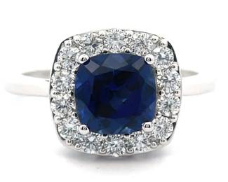 1.50 Carat Blue Sapphire & Pavé Diamond Cushion Halo Ring in 14k White Gold