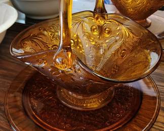 Antique Amber Tiara Indian Glass Basket/Amber Tiara Glass Plate 