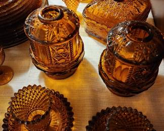 Vintage Indiana Glass Whitehall Cube Amber Snack Set, fall, autumn, wedding, dinner party, thanksgiving, Assortment Selection