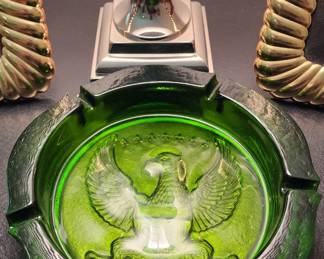 Vintage Indiana Glass Tiara American Eagle Green Glass Ashtray 5 Smoker 10"