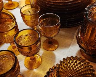Vintage Indiana Glass Whitehall Cube Amber Snack Set, fall, autumn, wedding, dinner party, thanksgiving, Assortment Selection