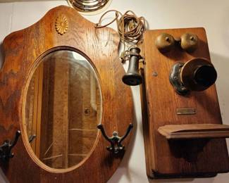 Antique Old Oak Wood Case Wall Mounted Complete Swedish American Telephone (Antique Wood Mirror with hanging racks) 