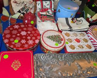 Bisque Train in Red box, Tins, Hand Towels & Beautiful Metal Tray