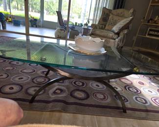 Area Rug & Modern Mesh/Iron/Glasstop Coffee Table & Upholstered Chair