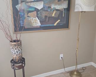 Art, Brass Floor Lamp, Plant Stand & Vase