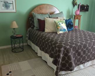 Queen Wood Headboard. Mattress Set (Beautyrest), Plant Stands, Lamp, Art