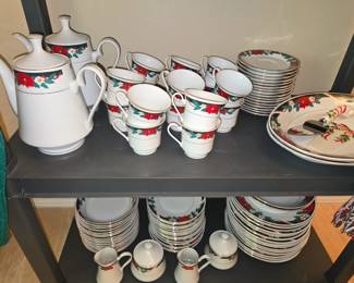 TIENSHAN Christmas Dishes. 2 Complete Sets Available with Teapot/Creamer/Sugar/Platter
