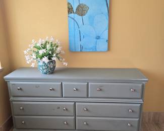 Gray Dresser, Floral Arrangement, Wall Art