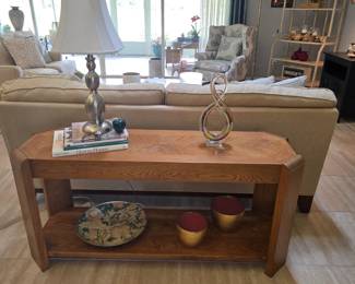Foyer/Couch Table. Wood.  Glass, hand blown art, Lamp & Misc Plate & Golden Bowls