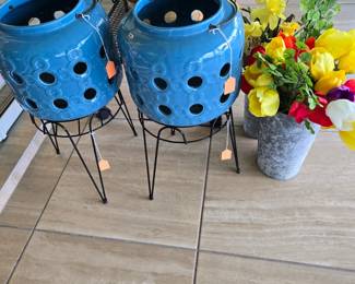 Ceramic Pots with Handles , Silk Flowers, Metal Plant Stands