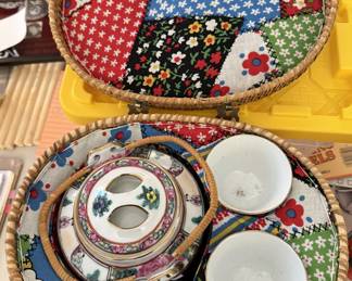 Vintage Chinese Wicker Tea Basket With Tea Pot & Tea Cups- 4 Pieces
Details Close
Description
A vintage Chinese teapot and two cups are tucked into a colorful lined tea cozy basket.
The finely woven basket is lined with a vivid, bright floral fabric.
The latch keeps the lid tight while the basket is carried.
The teapot and teacups are vintage Jingdezhen red and white enamel.
This intricately patterned tea set hails from Jingdezhen, China’s legendary porcelain capital. Marked in both Chinese and English with a factory number, it reflects the artistry and precision of mid-century export ware. See less
Dimensions
11.5ʺW × 9ʺD × 8.5ʺH
Styles
ChineseChinoiserie
Period
Mid 20th Century
Country Of Origin
China
Item Type
Vintage, Antique or Pre-owned
Materials
PorcelainWicker
Condition
Good Condition, Original Condition Unaltered, Minor Imperfections
Color
Tan
Condition Notes
Excellent condition and does not look as though ever used.