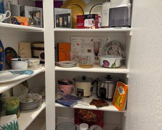 Fun kitchen items, peacock plates and crockpots, serving dishes, new glasses