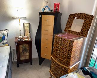 Leopard jewelry case, tall lingerie cabinet, side tables
