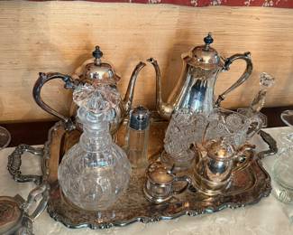 Dining Room 
Silverplate tea/coffee set
Glass decanter 